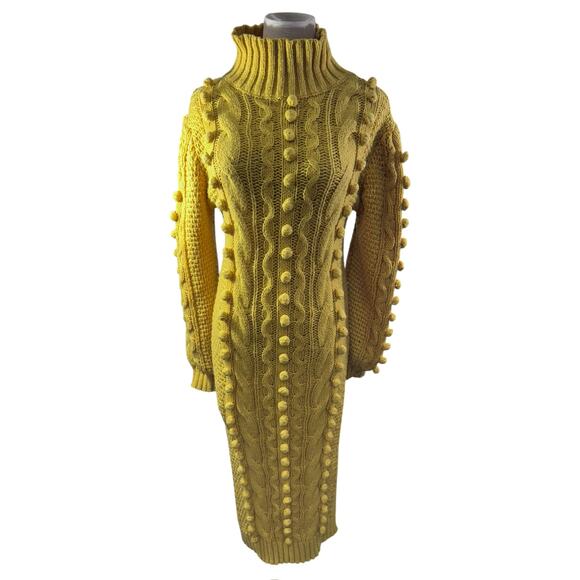 "LORAGAL" Knit Turtleneck Sweater Mustard Sz S Side Slits Bell Sleeve Millennial - Picture 2 of 12